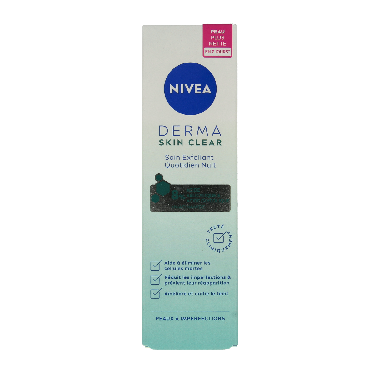 Nivea Derma Skin Clear Night facial skincare product in 40ml bottle, designed for nighttime skin renewal and clarity.