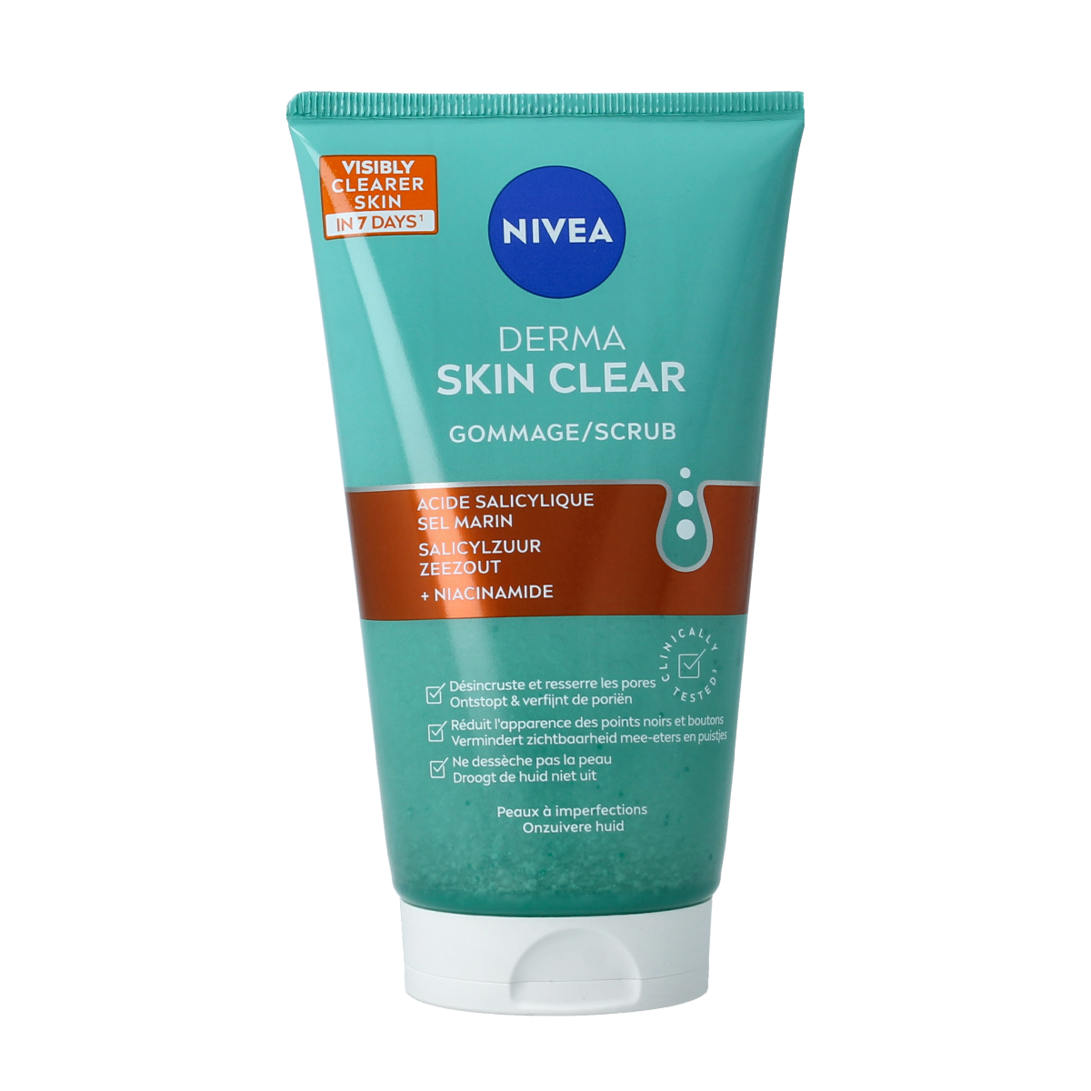 Nivea Derma Skin Clear Scrub in 150ml, facial skincare product with exfoliating particles, in a white tube with blue accents.