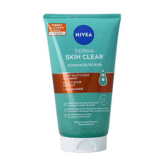 Nivea Derma Skin Clear Scrub in 150ml, facial skincare product with exfoliating particles, in a white tube with blue accents.