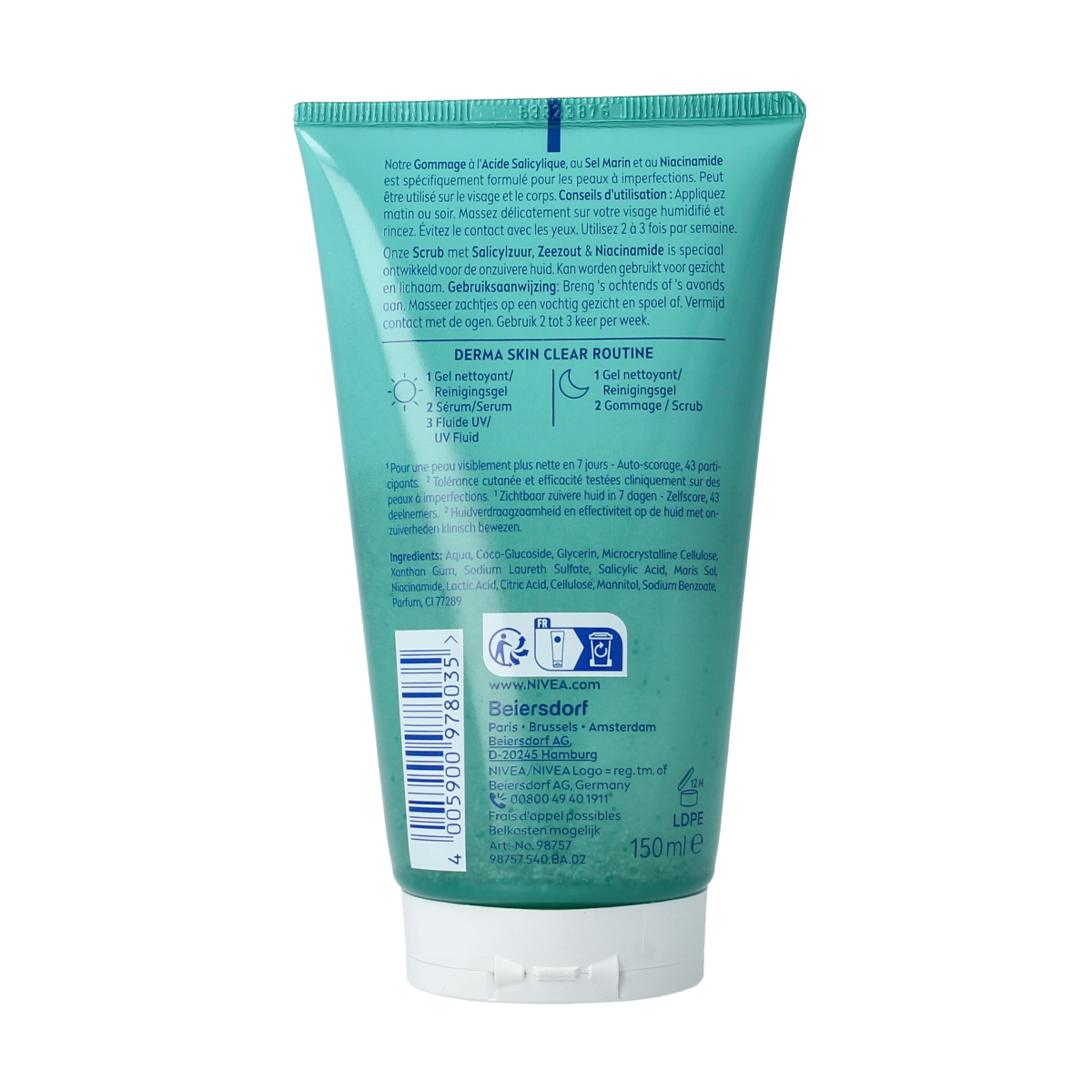 Nivea Derma Skin Clear Scrub in a 150ml tube, facial skincare product with exfoliating particles for clear skin.