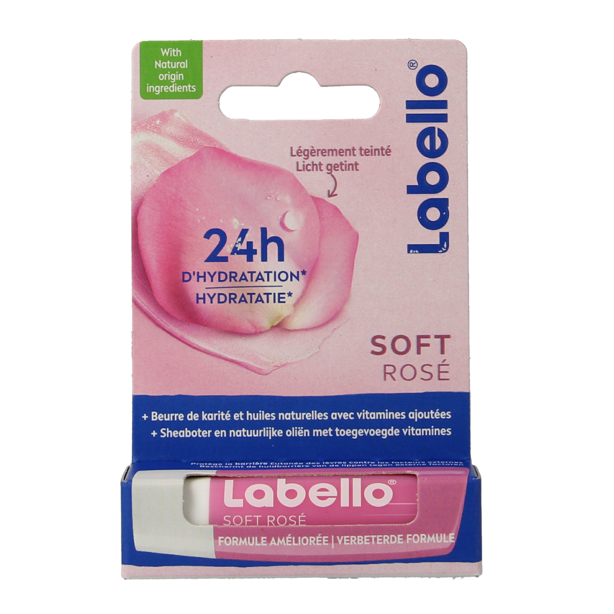 Labello Soft Rose lip balm in 4.80g blister pack, moisturizing lip care product with a soft rose scent and pink packaging.