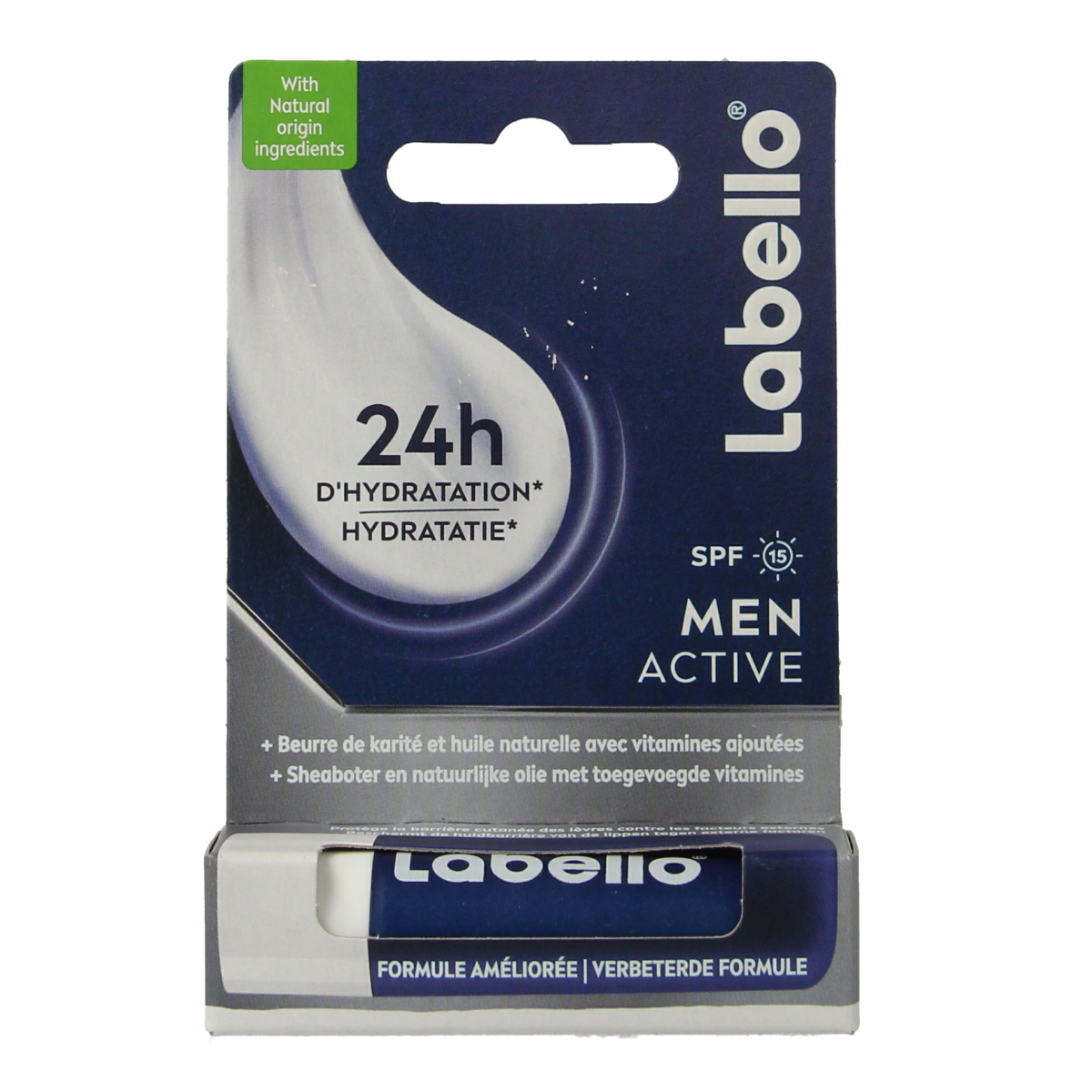 Labello Men Active SPF15 lip balm in a 4.8g tube, providing moisturizing lip care with sun protection.
