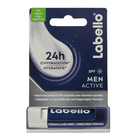 Labello Men Active SPF15 lip balm in a 4.8g tube, providing moisturizing lip care with sun protection.