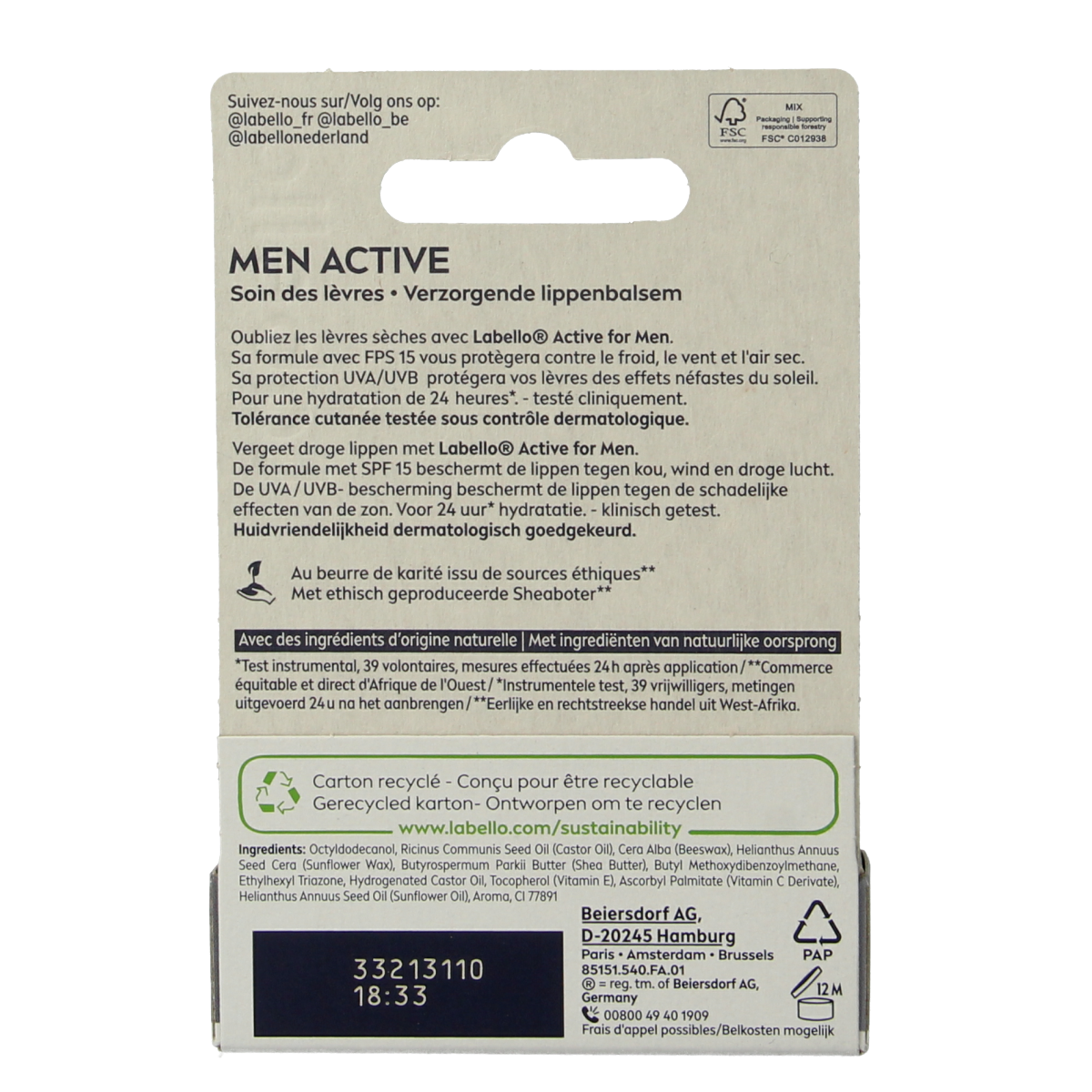 Labello Men Active SPF15 lip balm in 4.8g tube, moisturizing men's lip care product with sun protection.