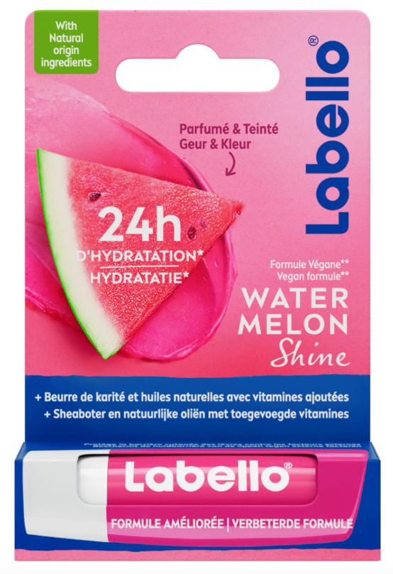 Labello Watermelon lip balm in a 4.8g tube, moisturizing lip care product with watermelon flavor and scent.