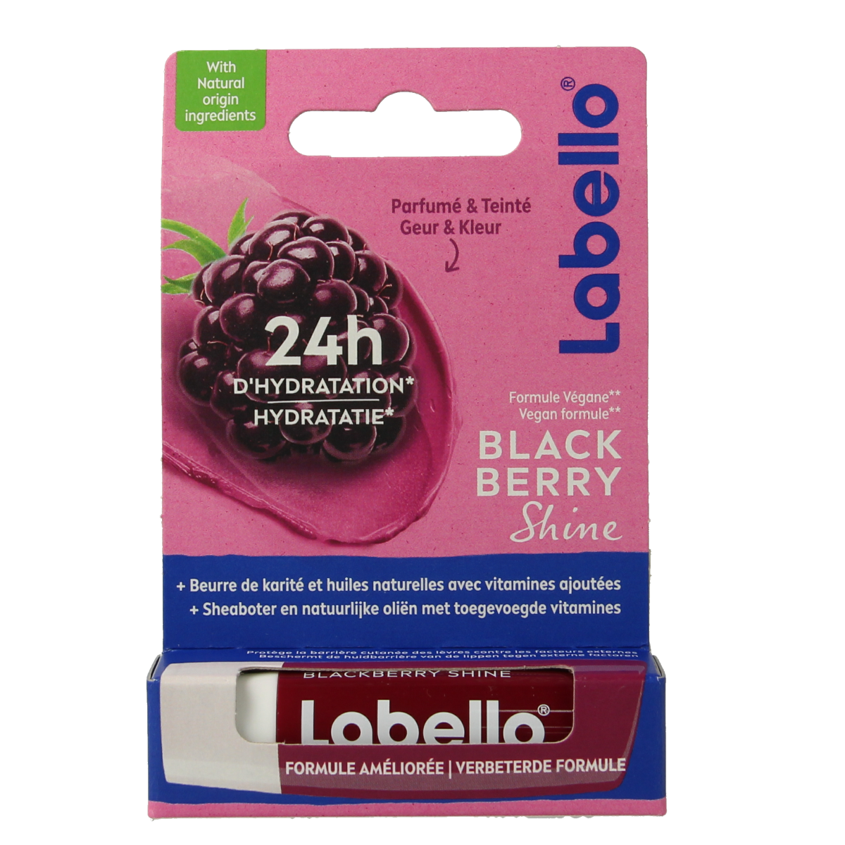 Labello Fruity Shine Blackberry lip balm in 4.80g, showing the glossy black and purple packaging and fresh blackberry flavor.