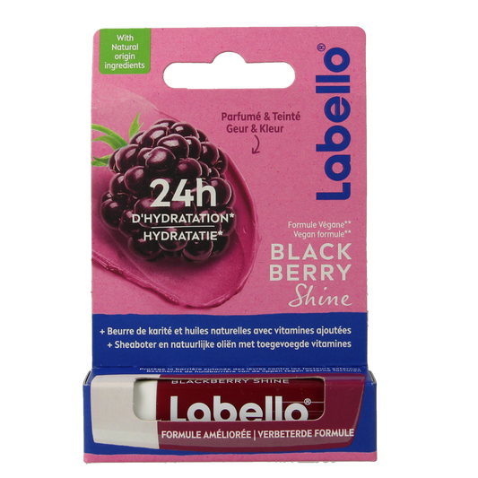 Labello Fruity Shine Blackberry lip balm in 4.80g, showing the glossy black and purple packaging and fresh blackberry flavor.