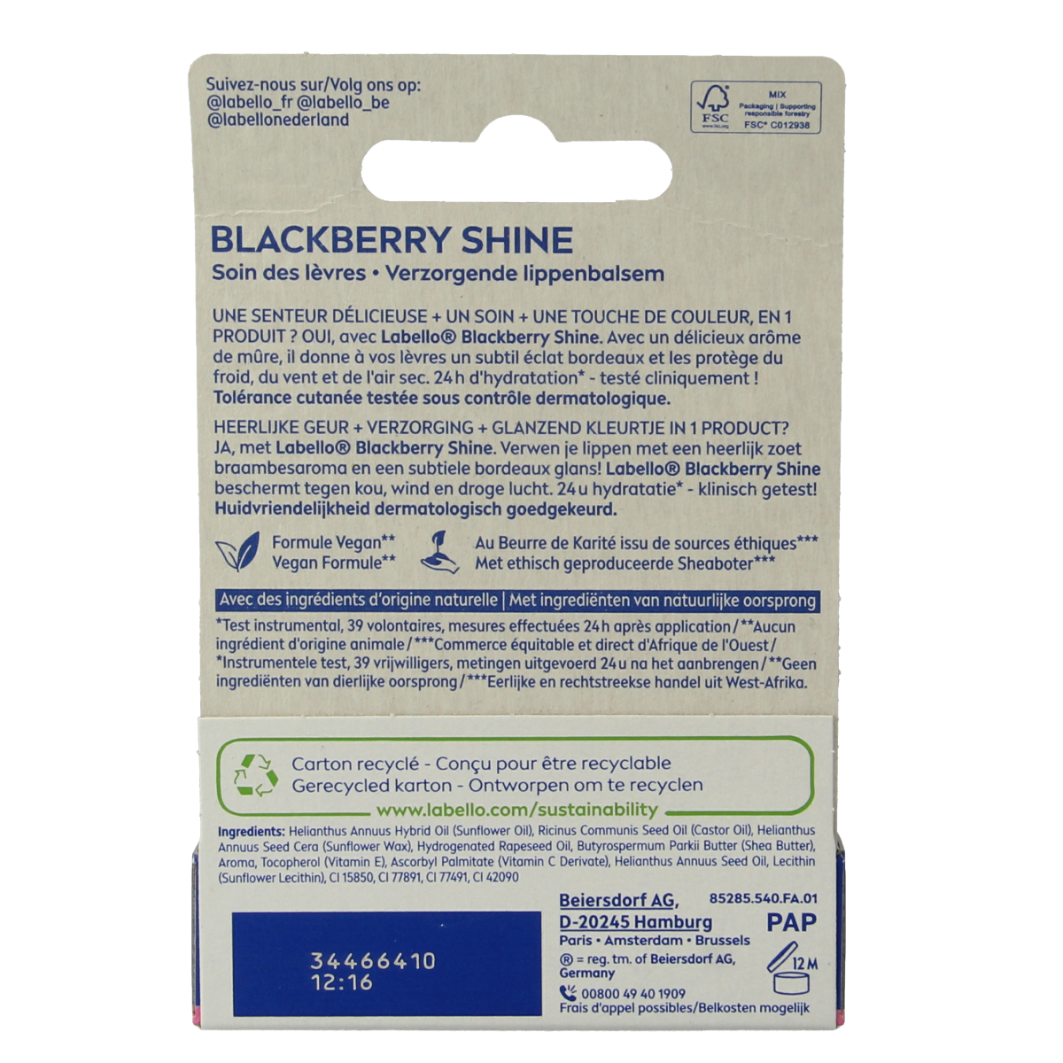 Labello Fruity Shine Blackberry lip balm in 4.80g, featuring blackcurrant flavor and glossy finish, for nourishing lip care.