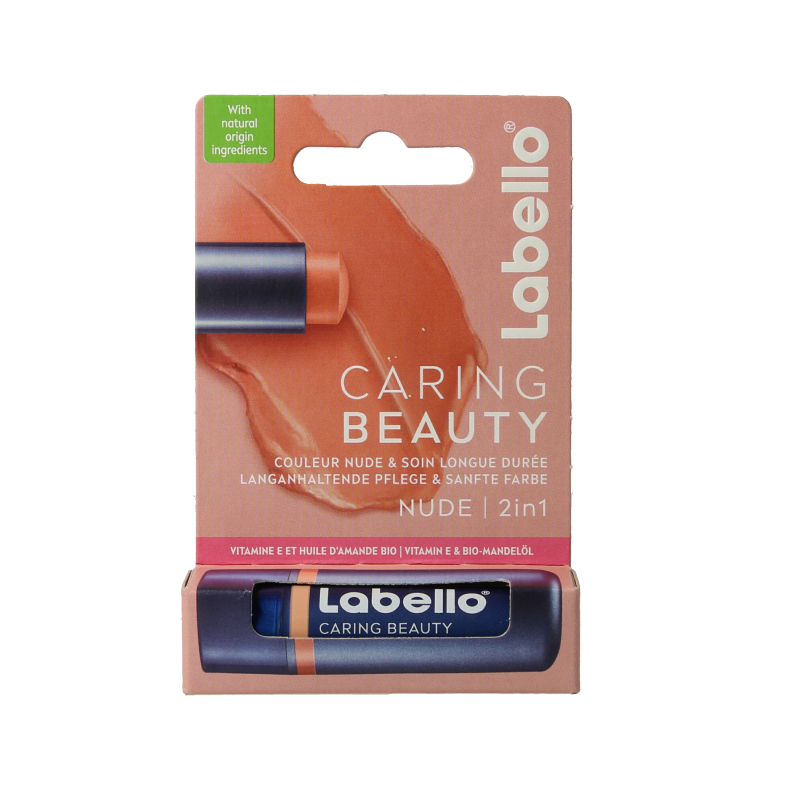 Labello Caring Beauty Nude lip balm in 4.8g tube, showing sleek packaging and the product label.