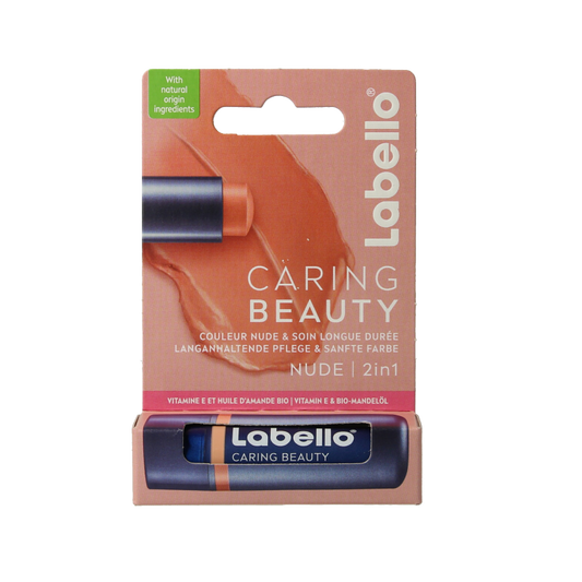Labello Caring Beauty Nude lip balm in 4.8g tube, showing sleek packaging and the product label.
