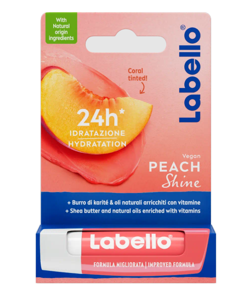 Labello Fruity Peach Shine lip balm in a 1.00 oz tube, featuring peach-scented moisturizing lip care.