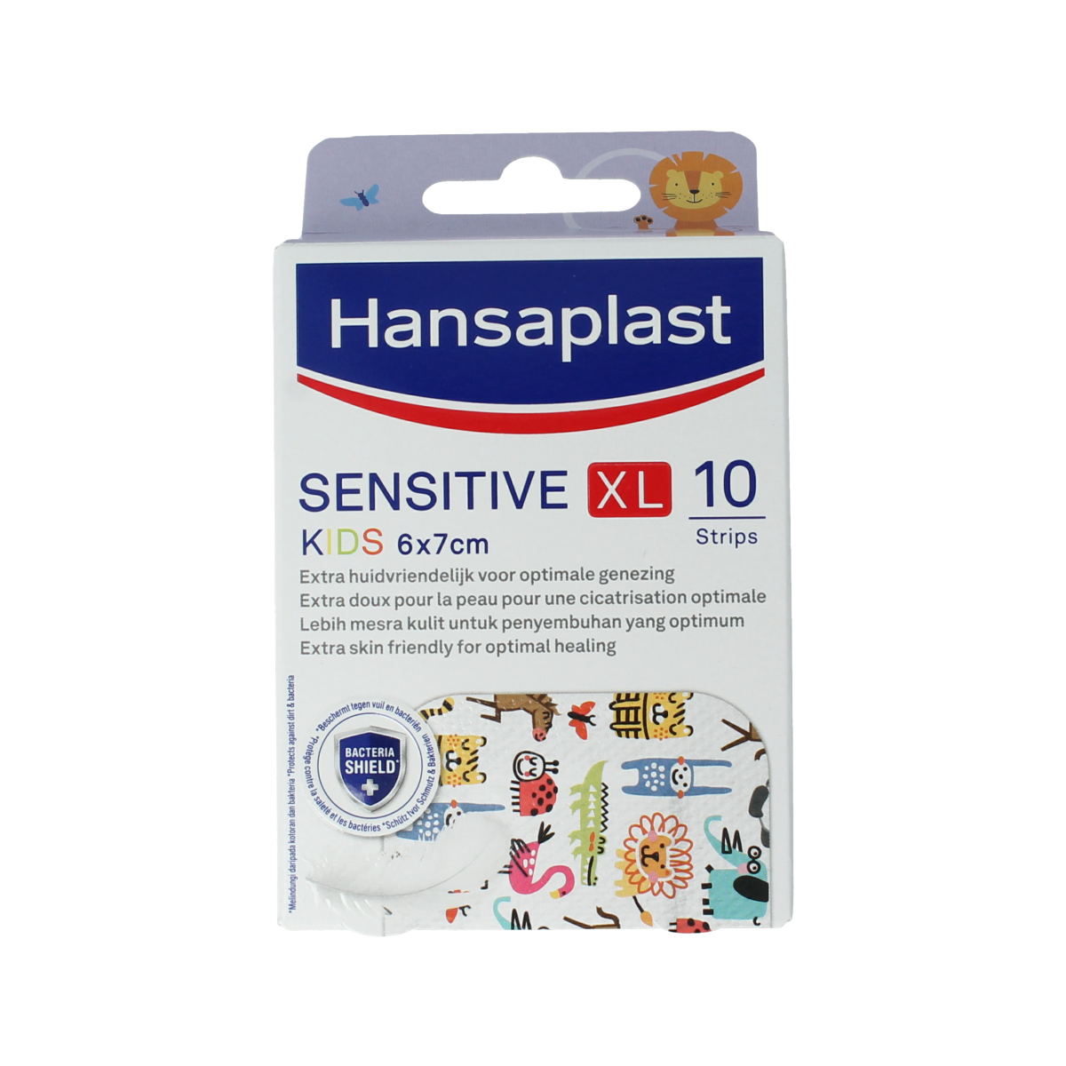 Hansaplast Sensitive kids XL plaster pack showing 10 large adhesive bandages suitable for children's skin.