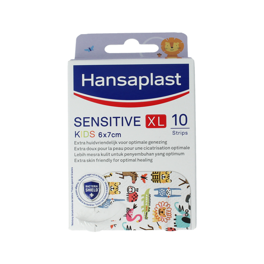 Hansaplast Sensitive kids XL plaster pack showing 10 large adhesive bandages suitable for children's skin.