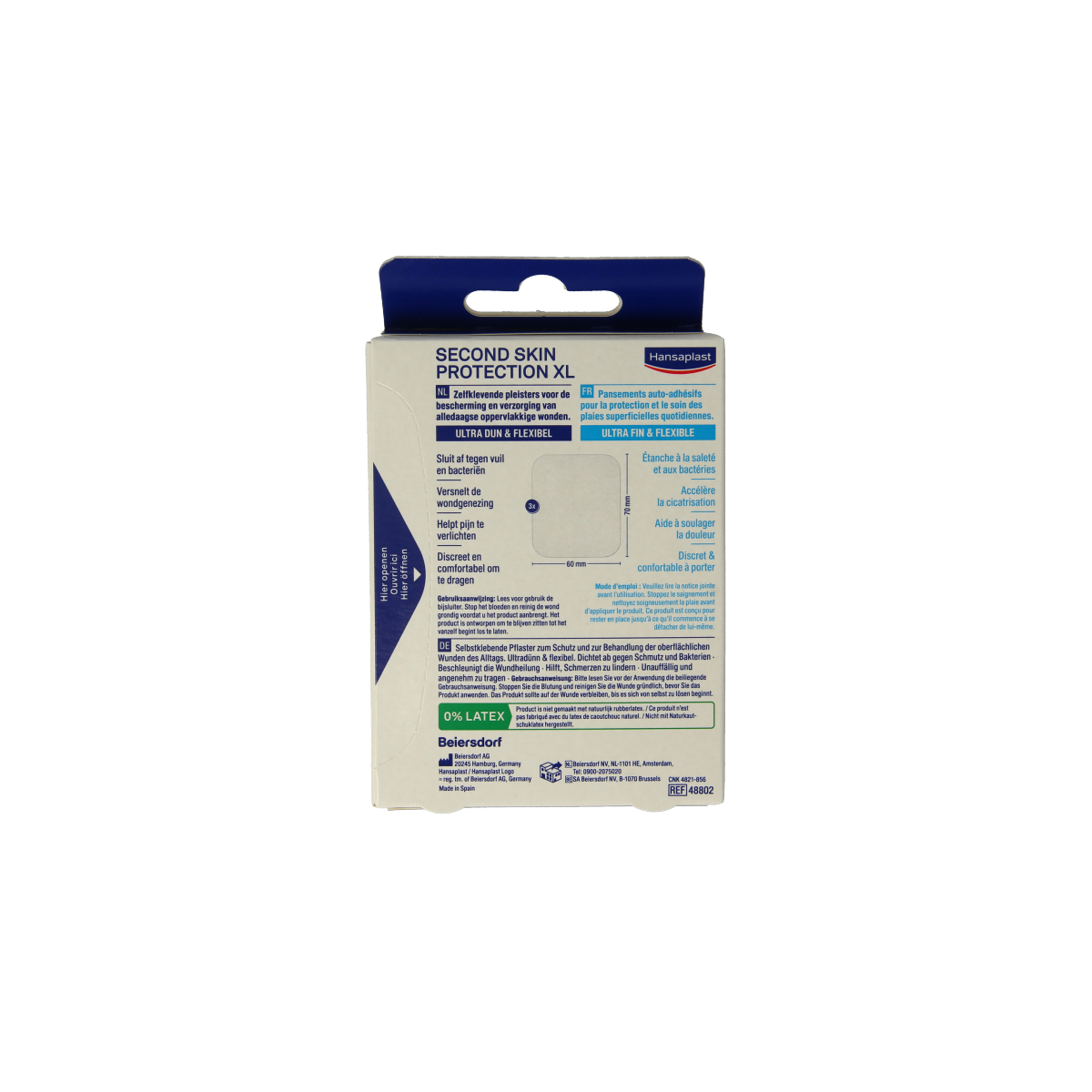 Hansaplast Second Skin Protection XL bandages and tape, 3-pack, adhesive wound dressings for skin protection and healing.