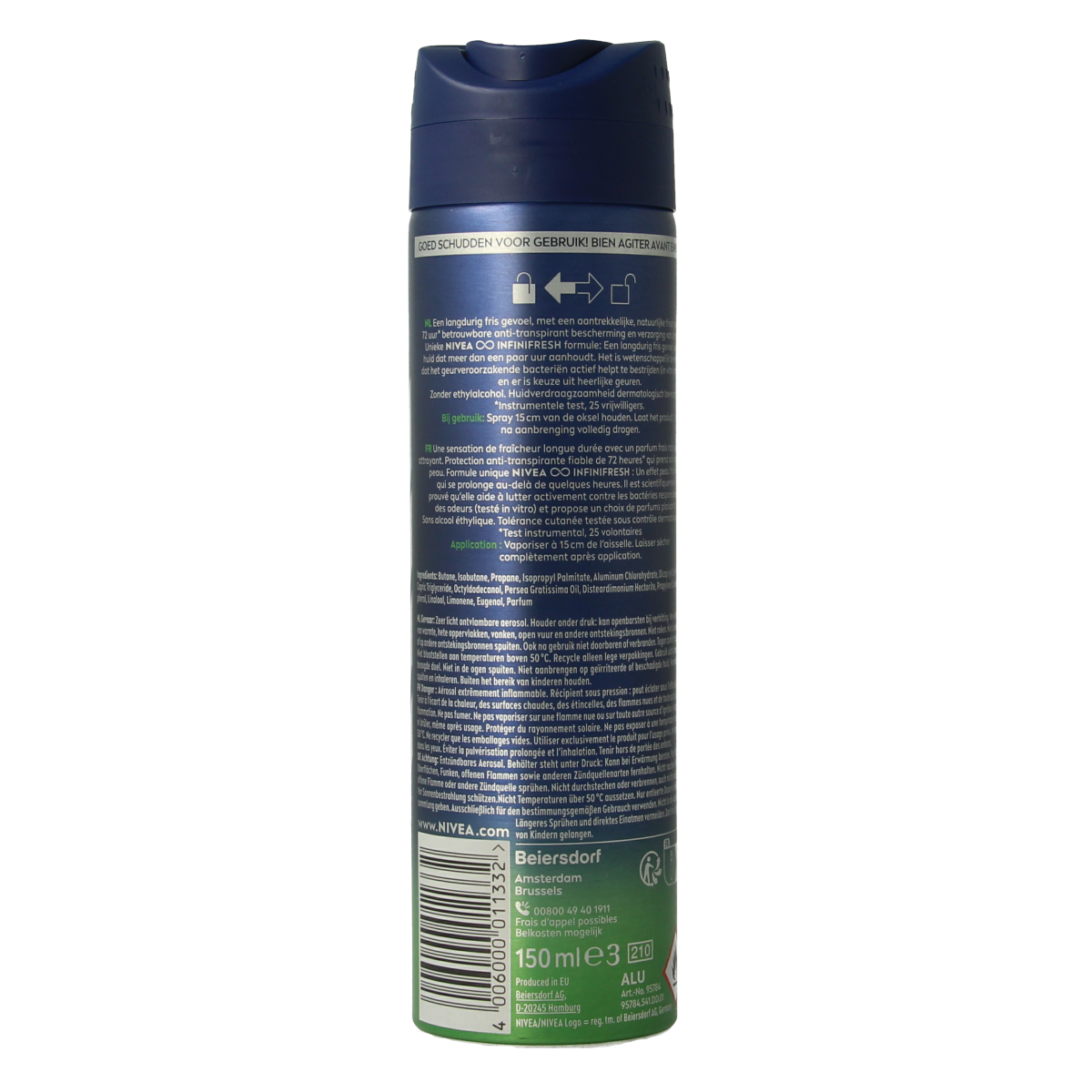 Nivea Men Fresh Sensation deodorant spray bottle, 150ml, with a blue and white design and Nivea branding visible.