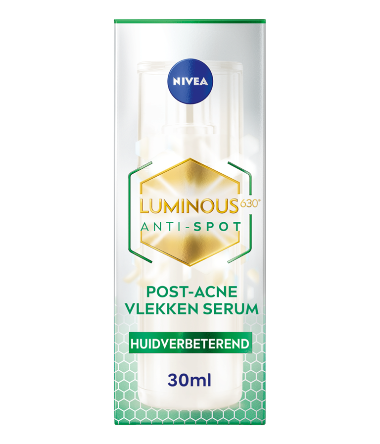 Nivea Cellular Luminous 630 post-acne vlekken serum 30ml, facial skincare product with serum bottle and applicator in the image.