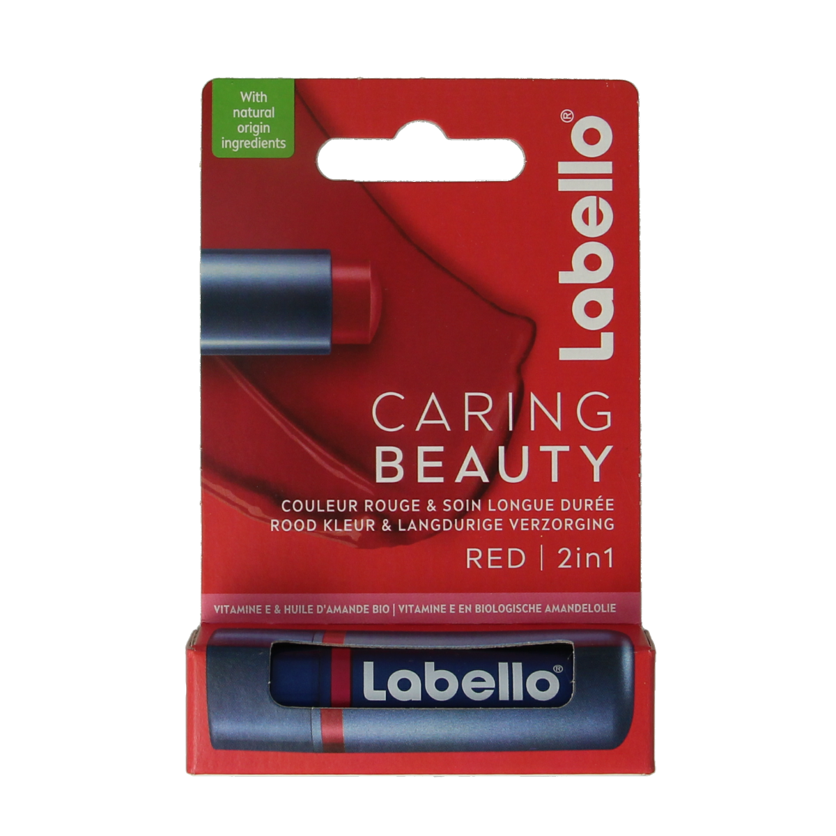 Labello Caring Beauty Red lip balm in 4.80g tube showing red packaging and applicator for nourishing lip care