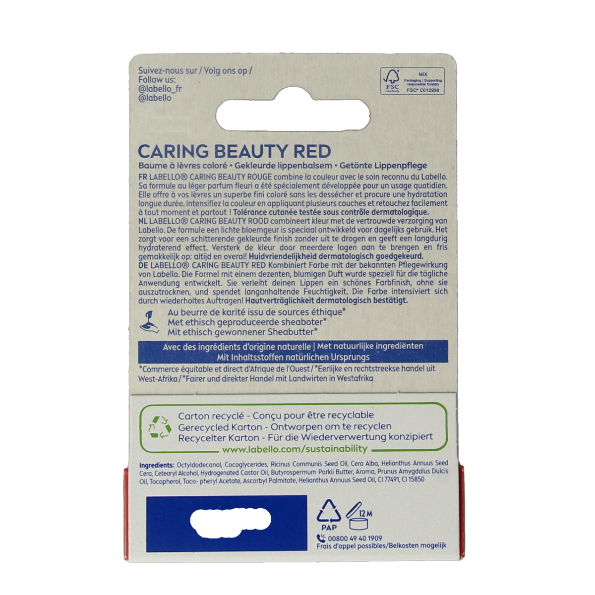 Labello Caring Beauty Red lip balm in 4.80g tube, nourishing lip care product with a vibrant red packaging.