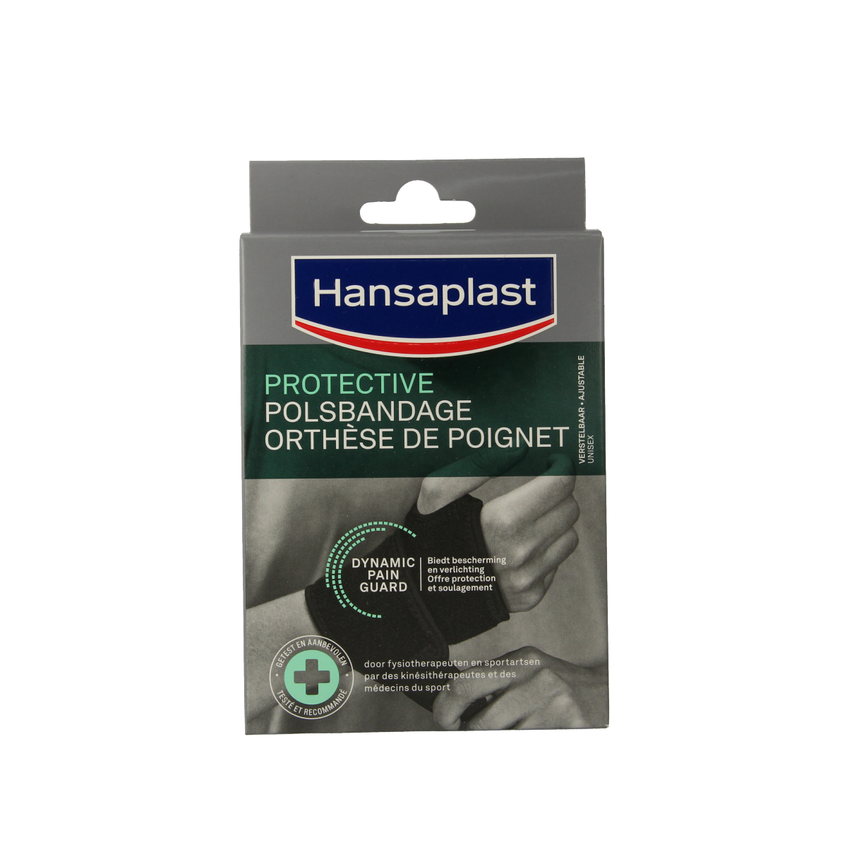 Hansaplast Sport adjustable wristband, flexible bandage for support, shown in black with brand logo, for sports use.