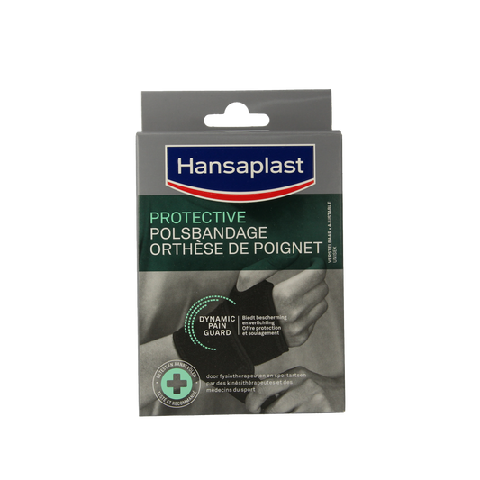 Hansaplast Sport adjustable wristband, flexible bandage for support, shown in black with brand logo, for sports use.