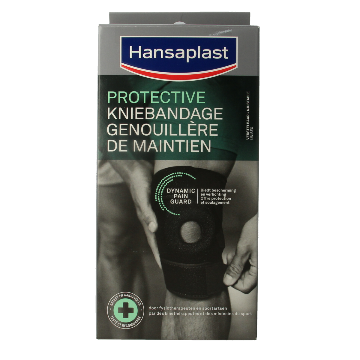 Hansaplast Sport adjustable knee bandage, elastic support for knee stabilization, shown in a neutral position.