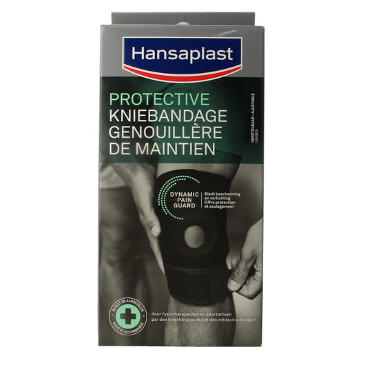 Hansaplast Sport adjustable knee bandage, elastic support for knee stabilization, shown in a neutral position.