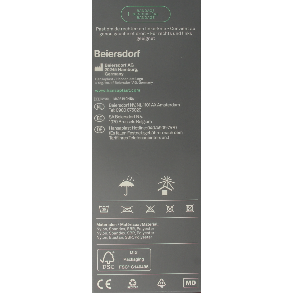 Hansaplast Sport adjustable knee bandage, supportive elastic brace for knee stabilization and compression, shown on a white background.