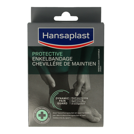 Hansaplast Sport adjustable ankle bandage, single piece, providing support and compression for ankle injuries or strains.