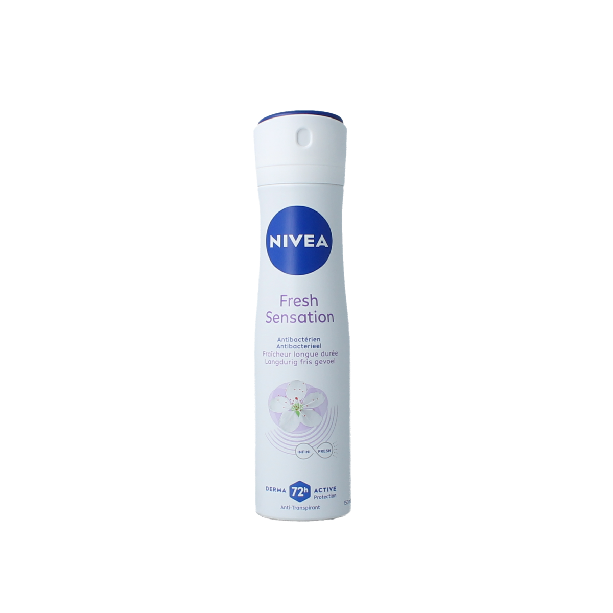 Nivea Fresh Sensation deodorant spray in a 150ml bottle, featuring a clear cap and Nivea branding, for body care.