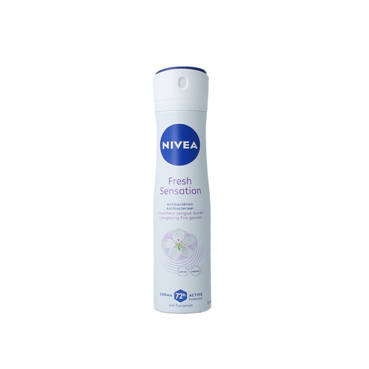 Nivea Fresh Sensation deodorant spray in a 150ml bottle, featuring a clear cap and Nivea branding, for body care.