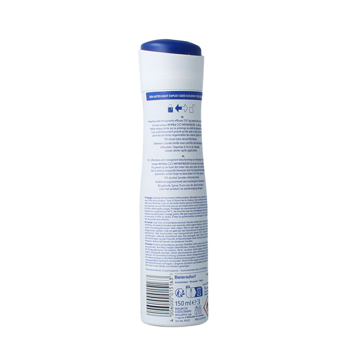 Nivea Fresh Sensation deodorant spray in 150ml bottle, body care product with a sleek design and fresh scent, ready for use.