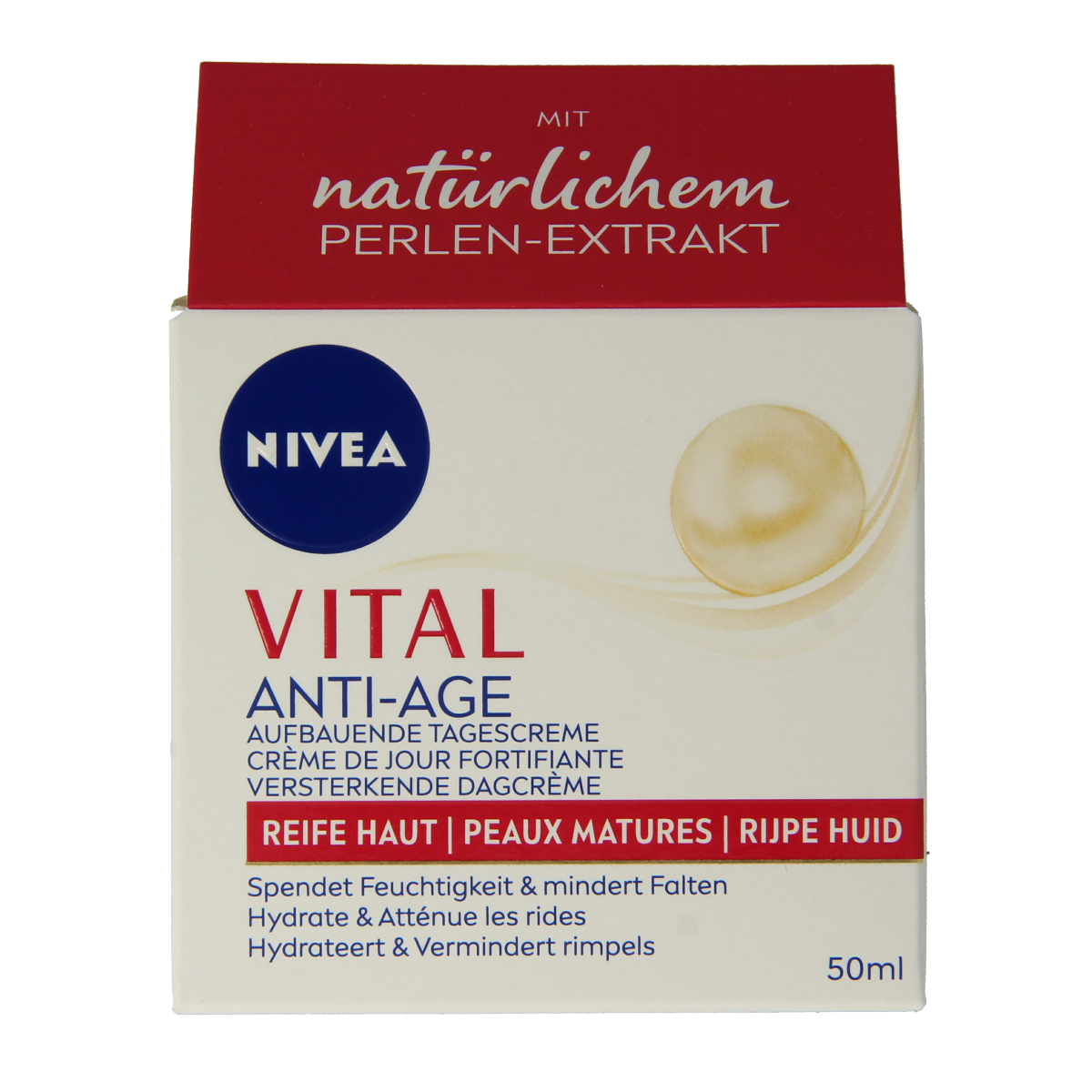 Nivea Vital anti-rimpel gezichtsverzorging dagcrème in 50ml jar, showing the cream's texture and Nivea branding.