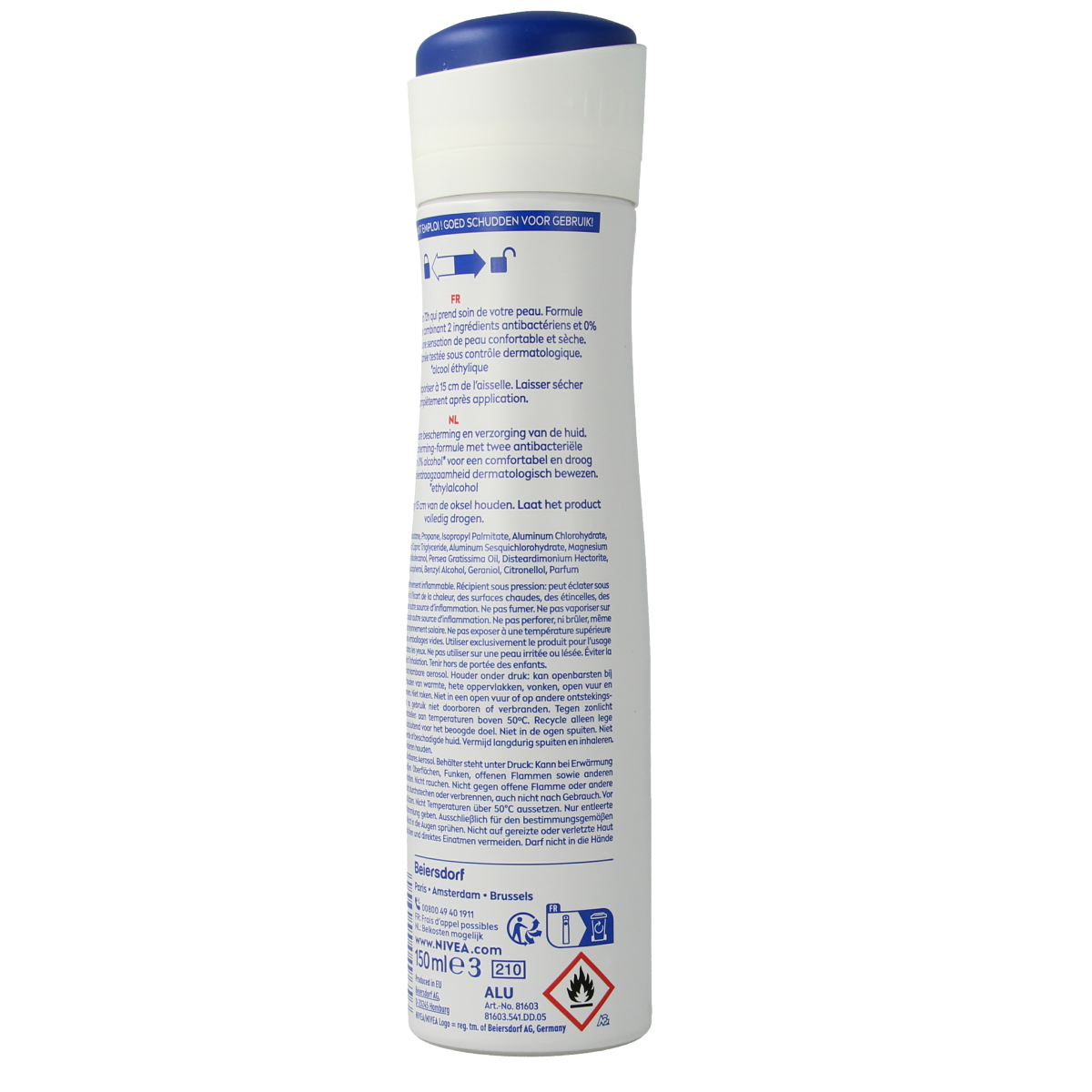Nivea Deospray Dry Comfort deodorant spray bottle, 150ml, with a white and blue label and spray nozzle.