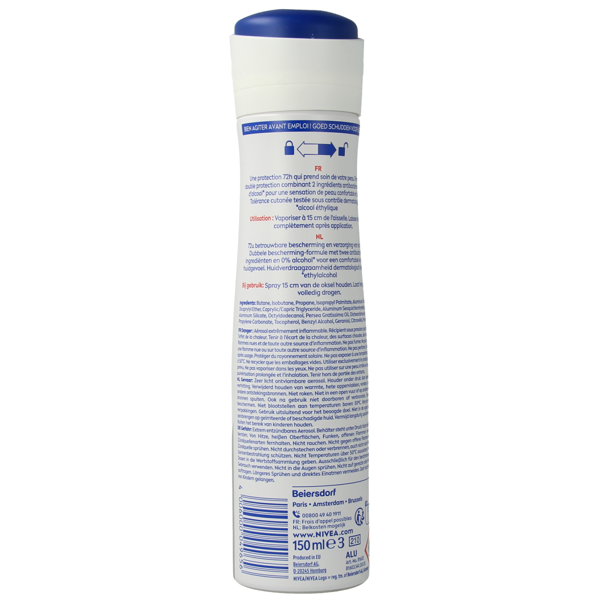 Nivea Dry Comfort Deospray 150ml bottle with spray nozzle, moisturizing deodorant for daily freshness