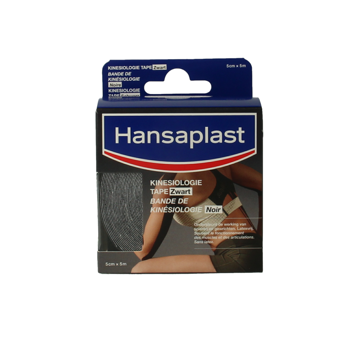 Black Hansaplast Kinesio tape for muscle support, shown as a roll of adhesive kinesiology tape on a plain background.
