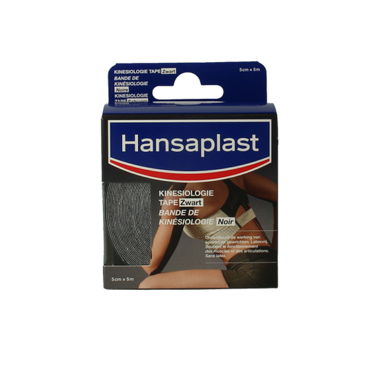 Black Hansaplast Kinesio tape for muscle support, shown as a roll of adhesive kinesiology tape on a plain background.