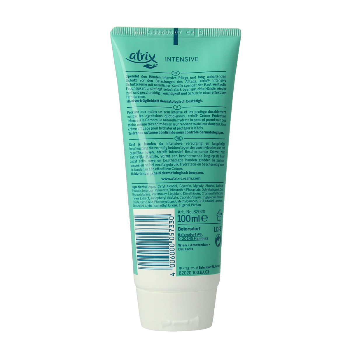 Atrix Intensief beschermende handcrème tube, 100ml, nourishing handverzorging with protective formula, in a white tube.