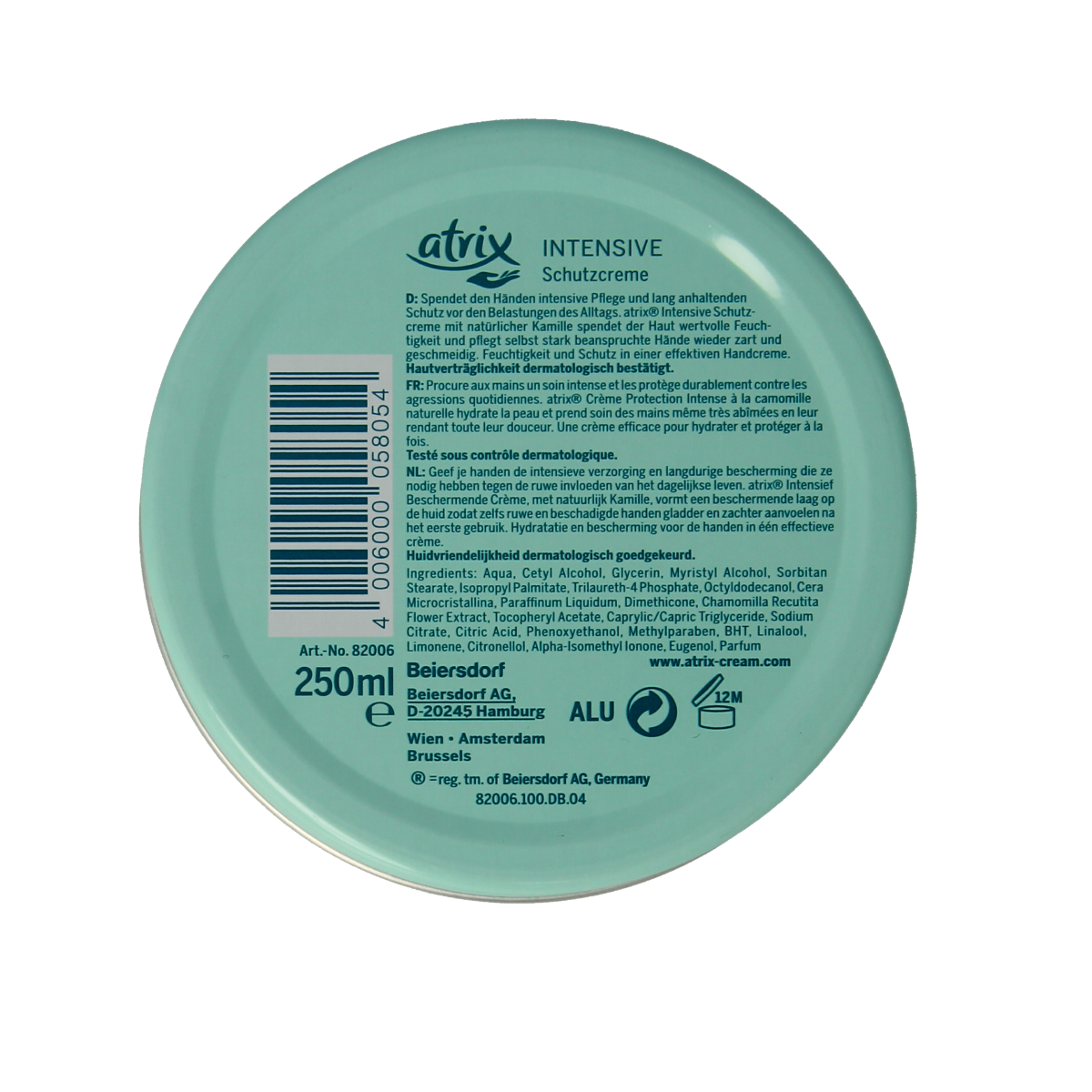 Atrix protective body cream in a 250ml metal tin, smooth texture, suitable for nourishing and caring for the skin.