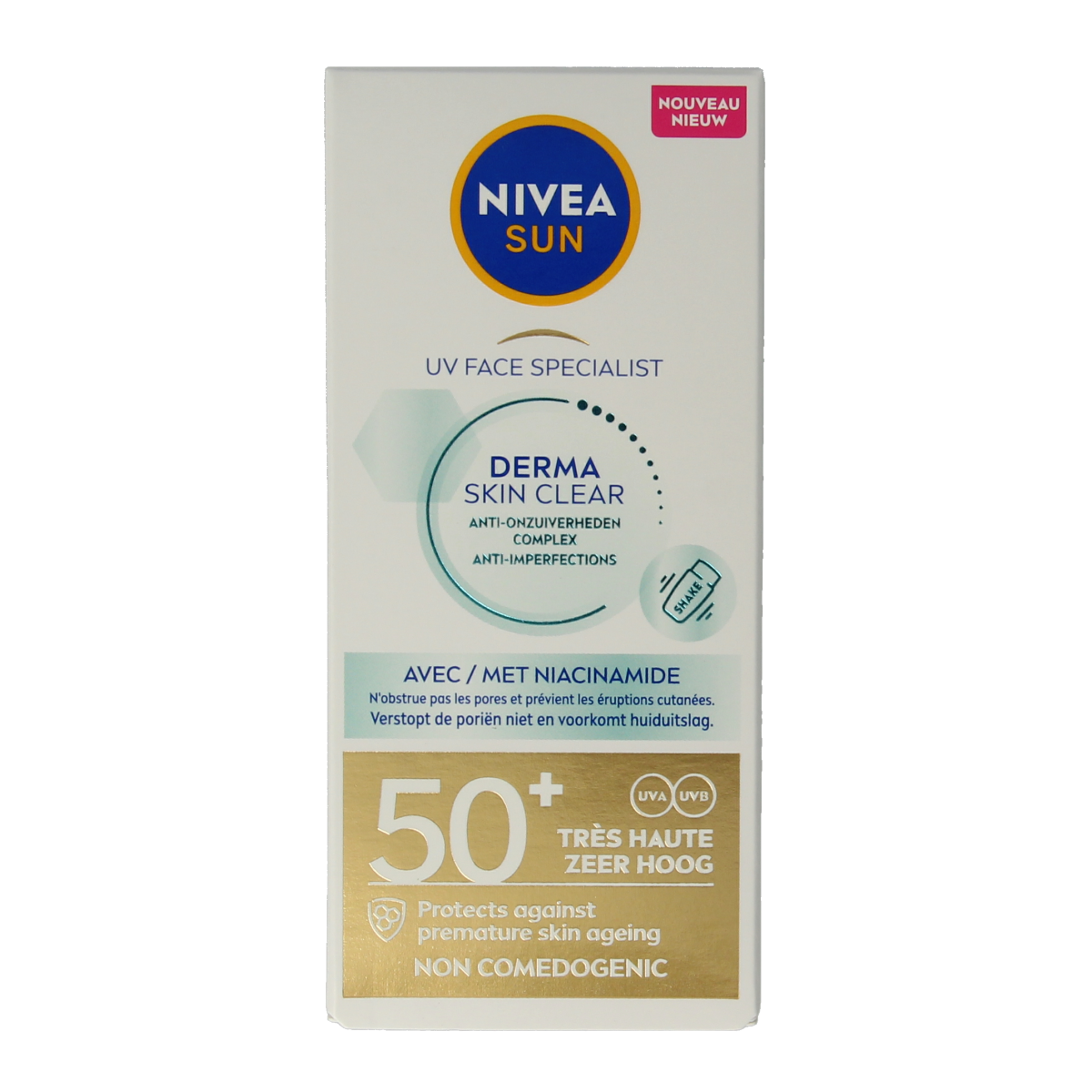 Nivea Sun face blemish control SPF50+ sunscreen tube, 40ml, with lightweight formula and sun protection for sensitive skin.