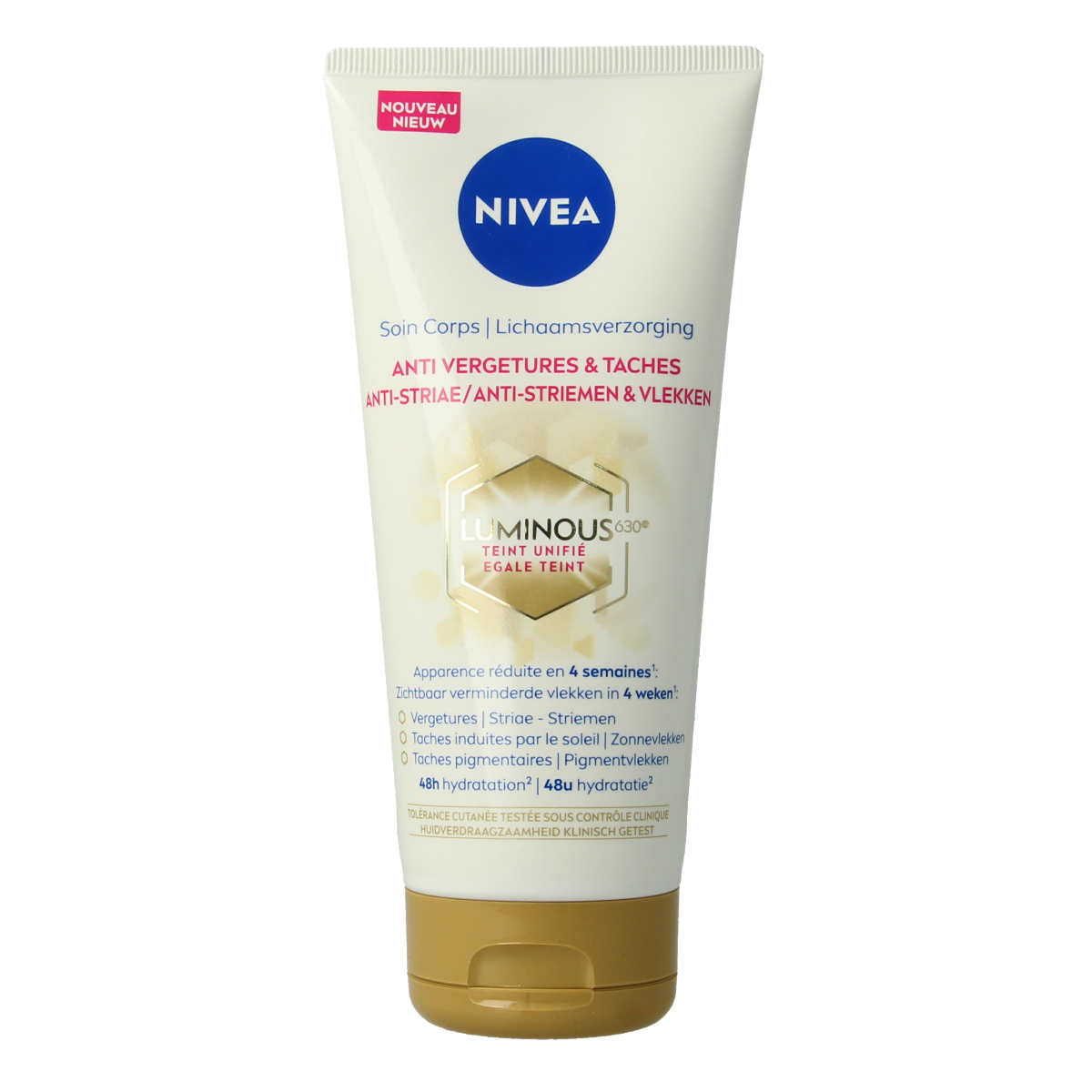 Nivea Luminous630 anti-striae body care lotion in a 200ml bottle, featuring smooth, hydrating formula for skin improvement.