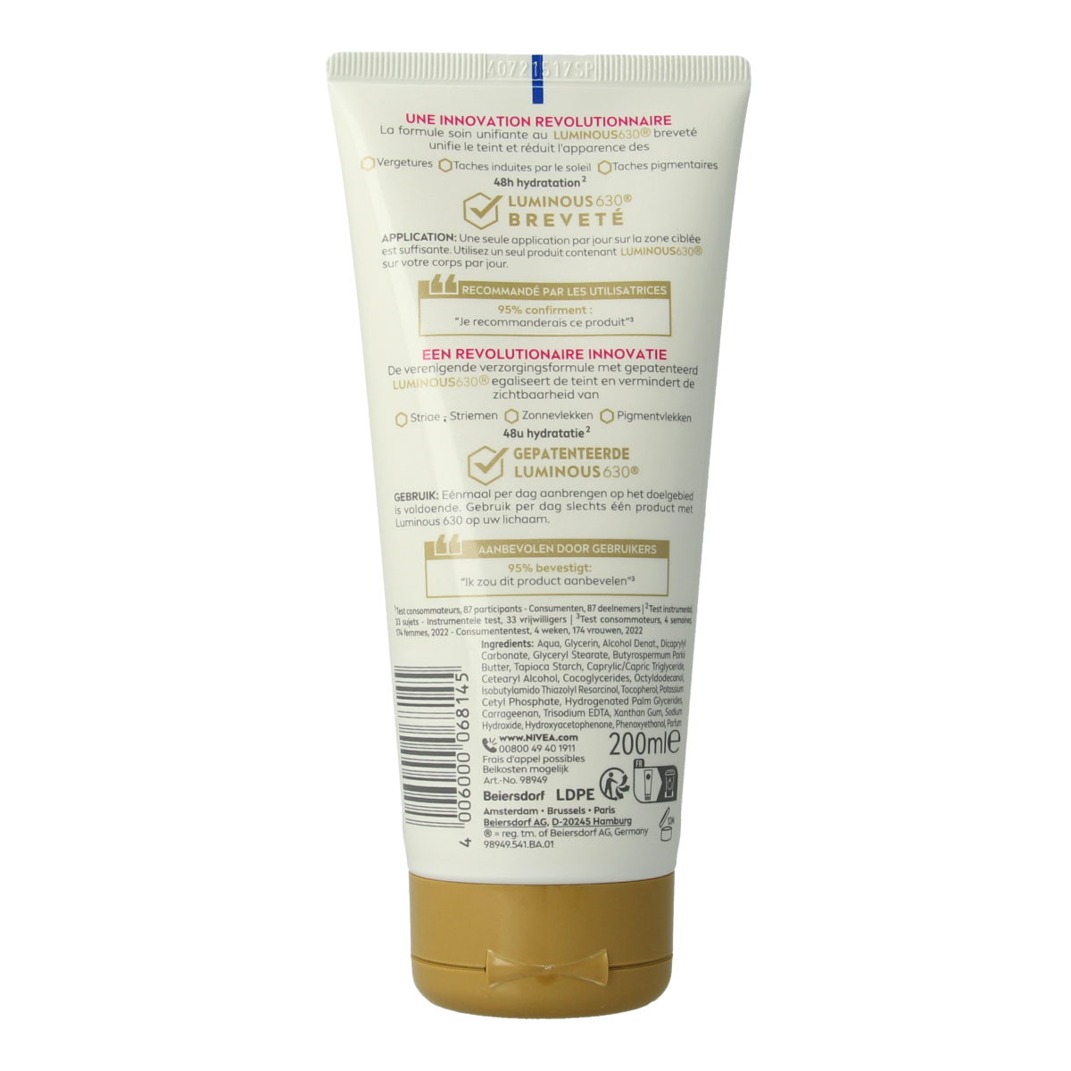 Nivea Luminous630 anti-striae body care lotion in a 200ml bottle, designed to reduce stretch marks and improve skin radiance.