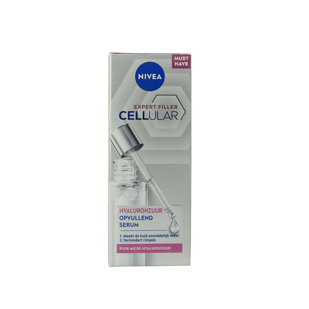 Nivea Hyaluron Cellular Expert filler serum in 30ml bottle, facial skincare product with clear packaging and dropper applicator.