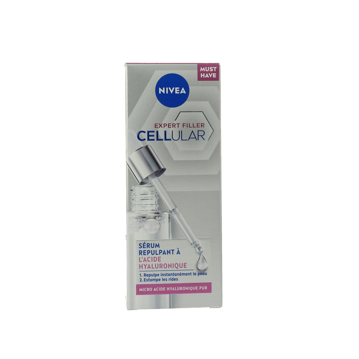 Nivea Hyaluron Cellular Expert Filler Serum 30ml for face, hydrating skin with hyaluronic acid, facial skincare product.