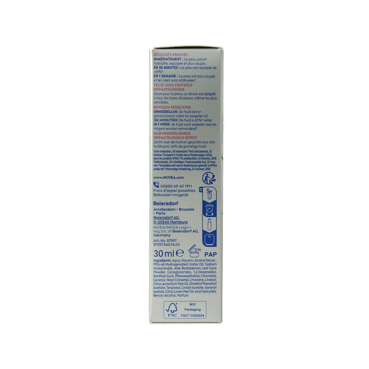 Nivea Hyaluron Cellular Expert Filler Serum 30ml for facial skin, showing the serum bottle with branding and packaging details.