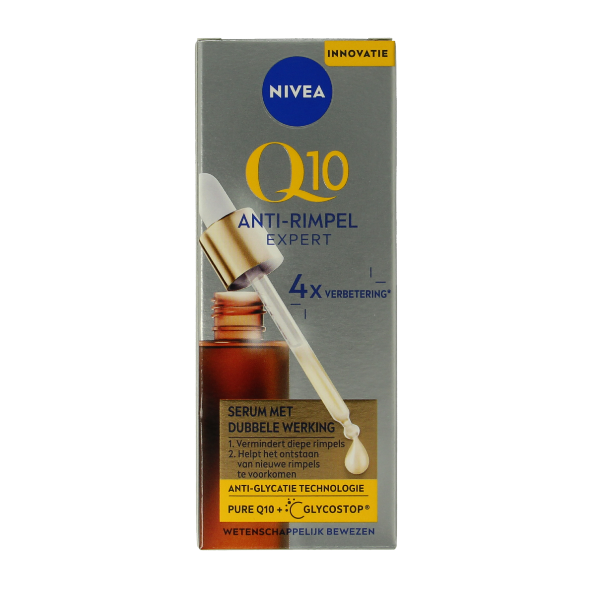 Nivea Q10 serum for anti-wrinkle facial care, 30ml bottle with dropper applicator, designed to reduce fine lines and boost skin elasticity.