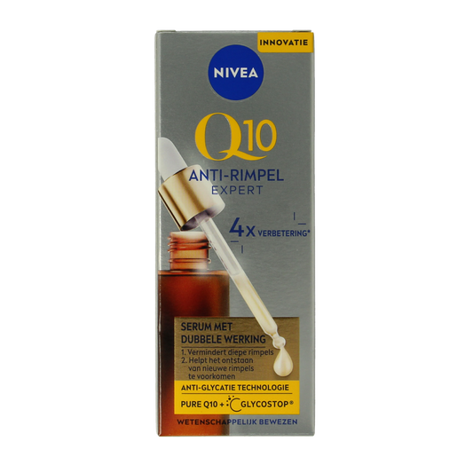 Nivea Q10 serum for anti-wrinkle facial care, 30ml bottle with dropper applicator, designed to reduce fine lines and boost skin elasticity.