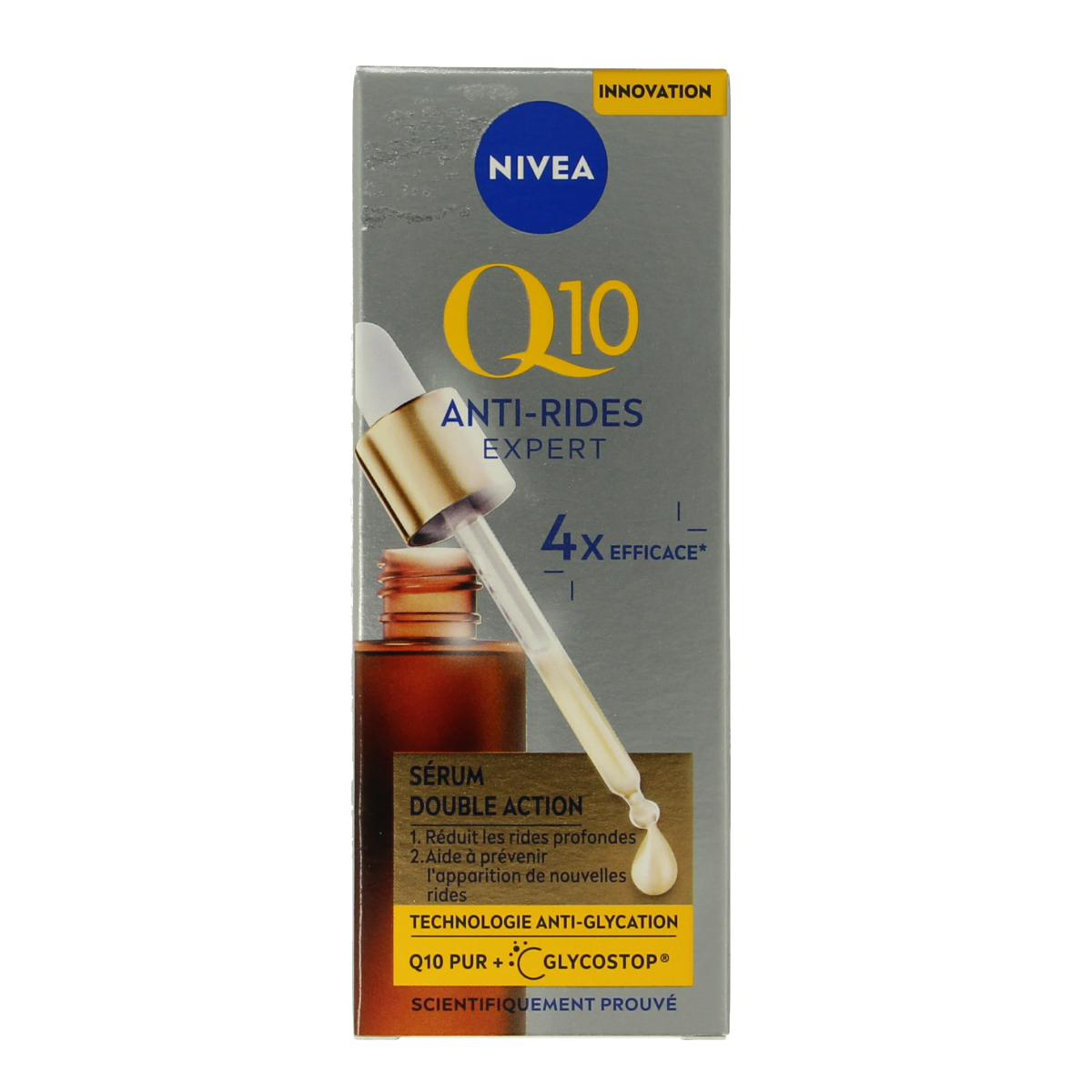 Nivea Q10 serum for facial anti-wrinkle care, 30ml bottle with dual-action formula for youthful skin.