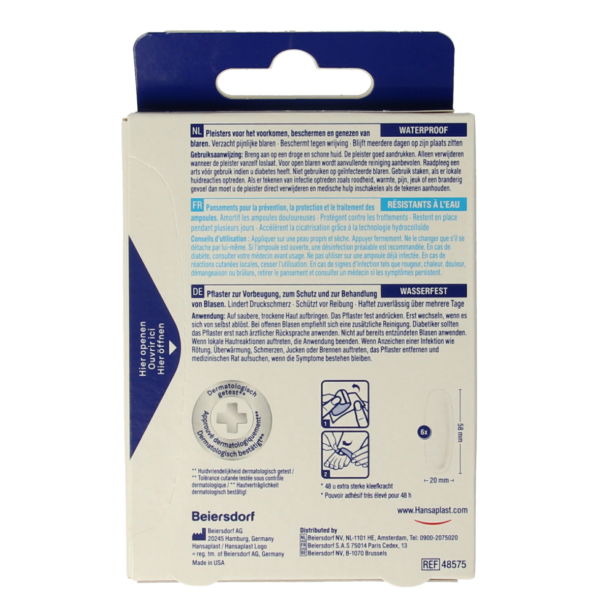 Hansaplast SOS blaarpleister small pack with 6 waterproof blister plasters for minor skin injuries.