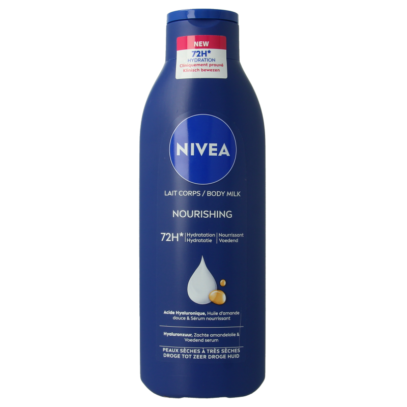 Nivea Verzorgende Milk 250ml body lotion bottle with a white cap and soft blue label, designed for moisturizing skin.
