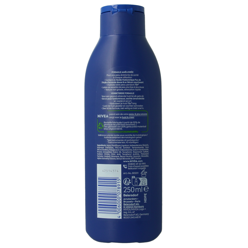 Nivea Verzorgende milk body lotion 250ml bottle showing smooth, white lotion in a pump dispenser for skin hydration